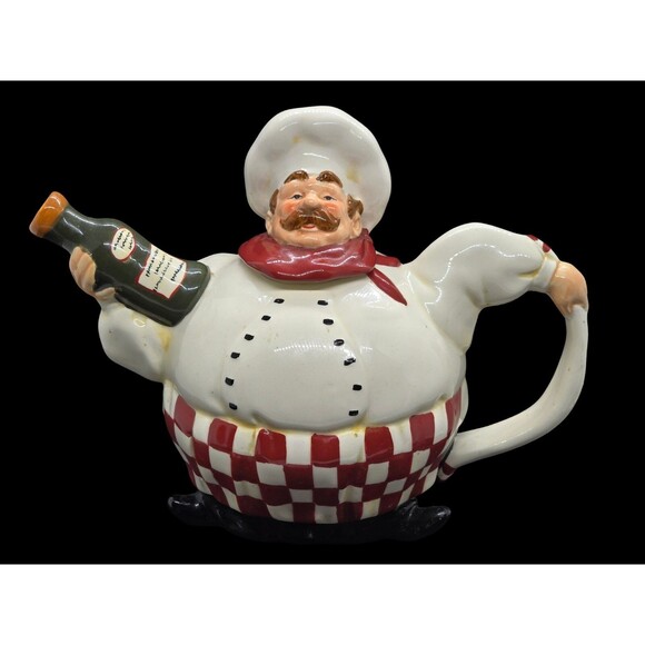 Vtg Davco Silver Lt Ceramic FatChefWairer Decorative Teapot Hold Wine Bottle